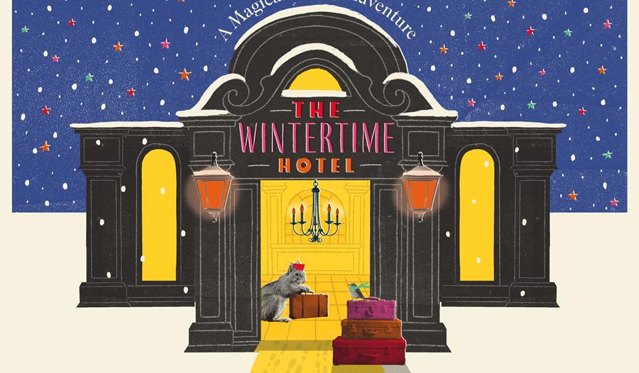 A graphic image for The Wintertime Hotel. The front of an old fashioned hotel., with twinkling lights, snow, a dressed up squirrel and stacks of old s