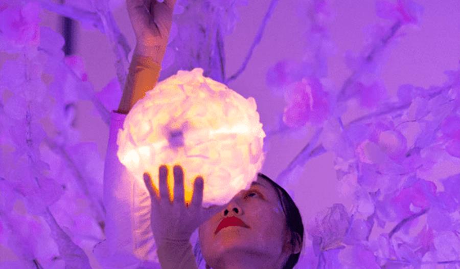 A women in white stands before a magic tree holding a ball of light, there is a wash of purple light