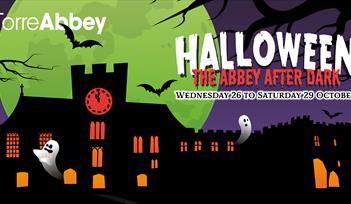 A cartoon image of Torre Abbey, looking very spooky with bats, etc.