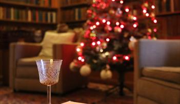 Sherry glass with a Christmas tree in the background