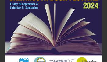 A book with open pages in the centre surrounded by text about the Dartmouth Book Festival. Dates: Friday 20 and Saturday 21 September 2024.