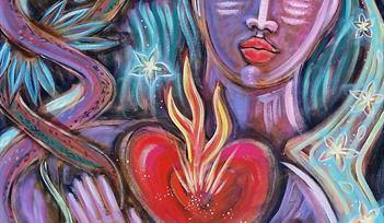 This is a colourful abstract painting of a calm woman with turquoise hair and flowers. She holds a glowing red heart with flames, surrounded by bird-l