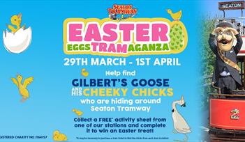 Gilbert, a goose and chicks. Easter Egg hunt at Seaton Tramway.