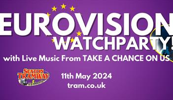 People with hand in air at a concert, blurred stage in background. European stars behind Eurovision Party text.