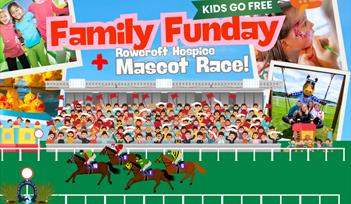 Image showing the family funday logo plus the Rowcroft Hospice mascot race, children go free.