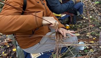 People weaving willow platters in a woodland glade