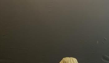 A person lays face down on a black floor before a black wall