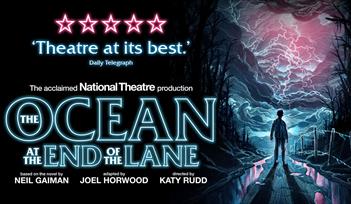 A dark background with bright blue, white and pink lightning and title treatment that reads The Ocean at the End of the Lane