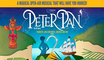 A silhouette of Peter Pan is framed within Hook's hook. He is hovering over the sea and Neverland. The title of the play is in large white letters at