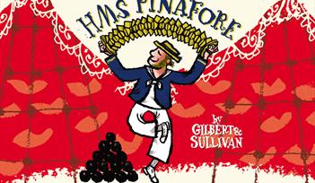 A sailor wearing traditional blue and white uniform plays a yellow accordian above his head whilst dancing a hornpipe. The title reads HMS Pinafore