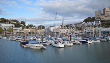 Boat lined up in Torquay Harbour with view of harbourside behind