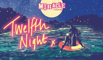 A woman is shown walking in to the sea wearing a life bouy. A pink Neon sign reads Twelfth Night