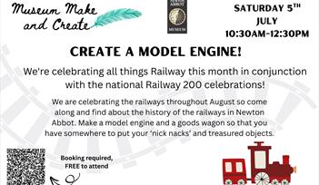 Poster advertising the Make and Create Event, containing the details of the event along with a cartoon of a red train, a faint railway track in the ba