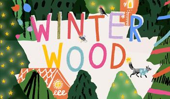 An illustration of collage style pine trees covered in stars and colourful squiggles, and large gingerbread houses sticking out of the foliage. The tr