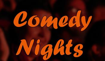 *image with audience in the background, with the words "The Watershed Comedy Nights" in the foreground", in white and orange text*
