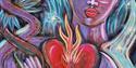This is a colourful abstract painting of a calm woman with turquoise hair and flowers. She holds a glowing red heart with flames, surrounded by bird-l