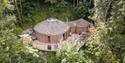 Wood-cladded treehouse sitting amongst the tree canopy