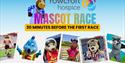 Rowcroft Hospice logo with blaze our mascot stood beside, text saying the mascot race starts 30 minutes before the first horse race, 6 images of masco