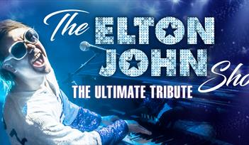 Elton tribute performer singing and playing piano, text reading 'The Elton John Show'