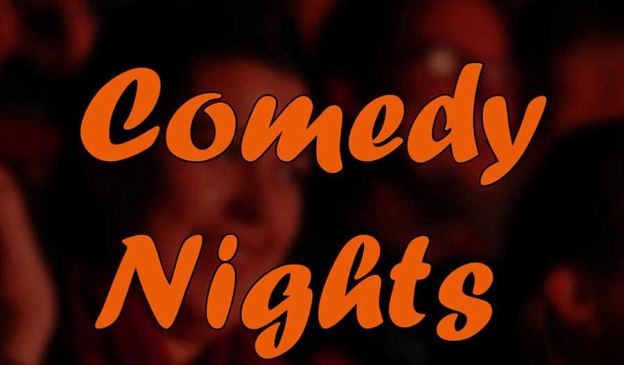 *image with audience in the background, with the words "The Watershed Comedy Nights" in the foreground", in white and orange text*