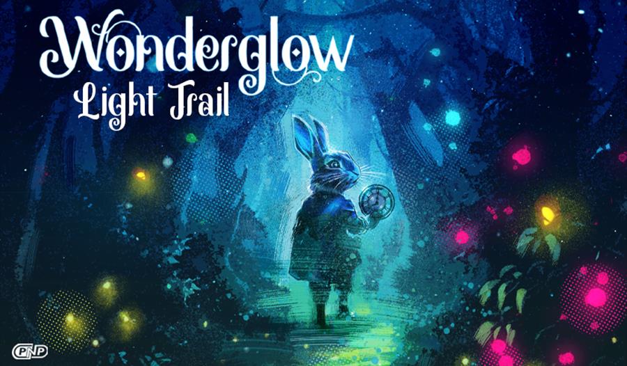 Wonderglow Light Trail logo with forest background, featuring drawn rabbit holding pocket watch and highlighting glows.