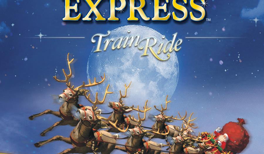 Official The Polar Express image with reindeer flying and official The Polar Express writing