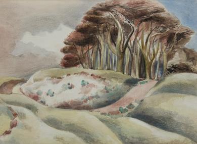 A landscape by Nash, consisting of muted greens and rolling hills.