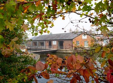 Whitchurch Silk Mill's Cafe and Shop Building surrounded by autumnal leaves