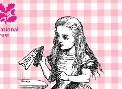 Illustration of Alice from Alice in Wonderland on a pink background