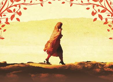 A girl in an orange hijab and abaya walks along rough terrain. The landscape is shades of yellow and mountainous. There are drawing of orange leaves a
