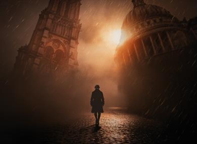A man in a Victorian frock coat, seen from behind, walks through driving rain across a cobbled street. On either side of him loom one of the towers of