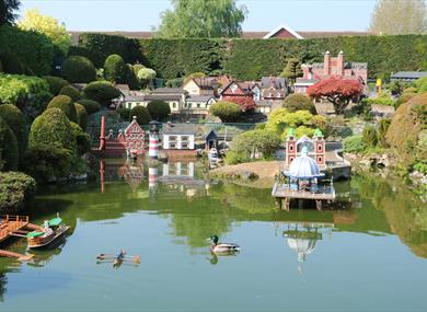 View over the model lake at Bekonscot Model Village, Buckinghamshire
