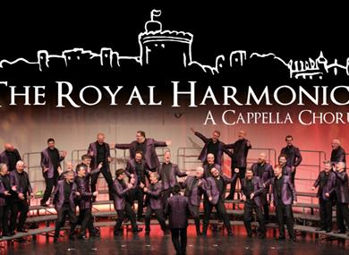 Image: Royal Harmonics choir on stage Text: The Royal Harmonics A Cappella Chorus