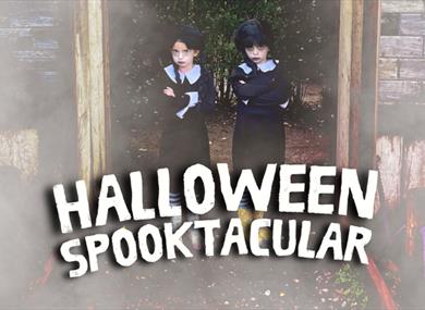 Two children dress as Wednesday Adams, who are stood in front of a maze. Text at the bottom of the image which reads 'Halloween Spooktacular'
