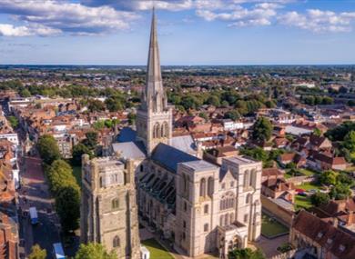 View of Chichester Cathedral from the air, West Sussex