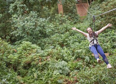 Girl on zip wire at Go Ape Moors Valley Country Park on the border of Hampshire and Dorset