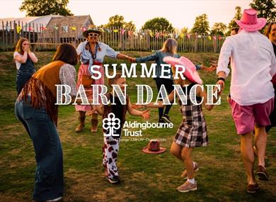 Children dancing with wording that says Summer Barn Dance