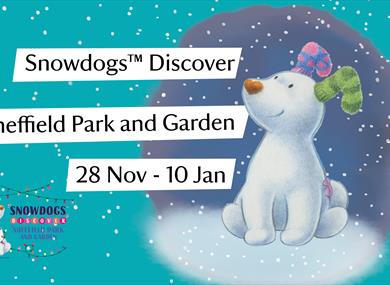 Family-friendly outdoor Snowdogs™ Discover Christmas Trail at Sheffield Park and Gardens - picture of the animated snow dog with socks on his ears and