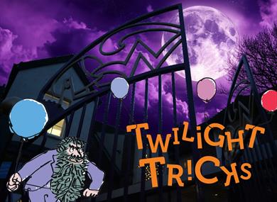 A spooky backdrop with a full moon. There is an image of Mr Twit from the book The Twits by Roald Dahl in the foreground.