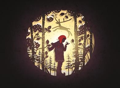 A circular cut-out silhouette, like an old-fashioned fairy story image, shows a boy wearing a red cap, a scarf, coat and boots, holding up his hand on