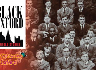 Black Oxford Untold Stories Bus & Walking Tour and City Sightseeing Oxford logo are to the left of a photo of some Oxford scholars.
