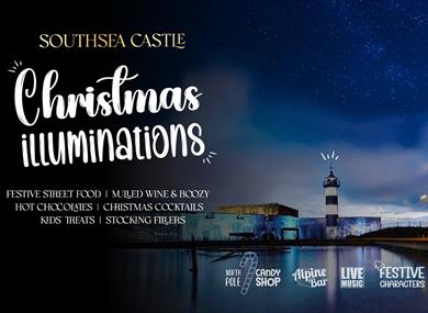 Poster for the Christmas Illuminations event at Southsea Castle, featuring the building under a starlit sky