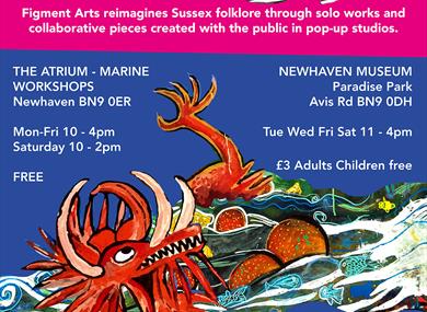 Printed flyer on dark blue background, white writing and illustrated images of a witch in small boat and a red dragon.