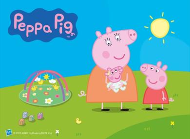 pepa pig, mummy pig and evie with blue background