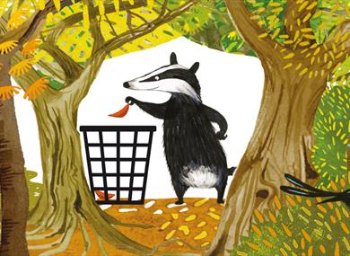 Illustration of a black and white badger putting a leaf in the bin.