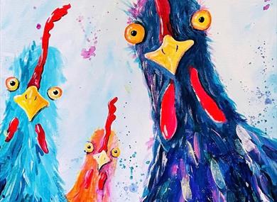 Painting of colourful characterful chickens with paint splatters