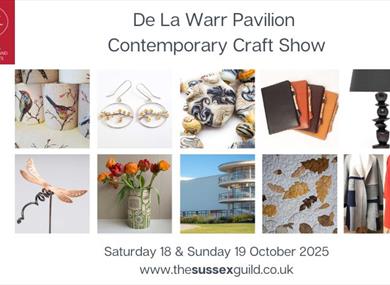An image grid showing images of handmade crafts including ceramics, textiles, jewellery, glass birds, printmaking, wood accessories and metalwork.