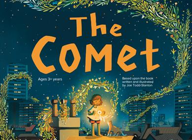 A girl holding a glowing comet, surrounded by glowing branches