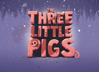 A graphic illustration of the title The Three Little Pigs in big pink letters. A pig's snout peeps out from the letter P, and a curly tail is attached