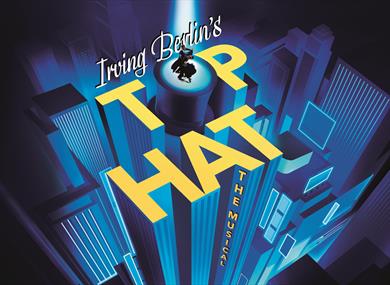 A graphic illustration of skyscrapers in shades of blue with a dark background. On top of the buildings, yellow text reads 'Irving Berlin's Top Hat Th